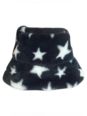 Navy Blue Faux Fur Bucket Hat With White Stars